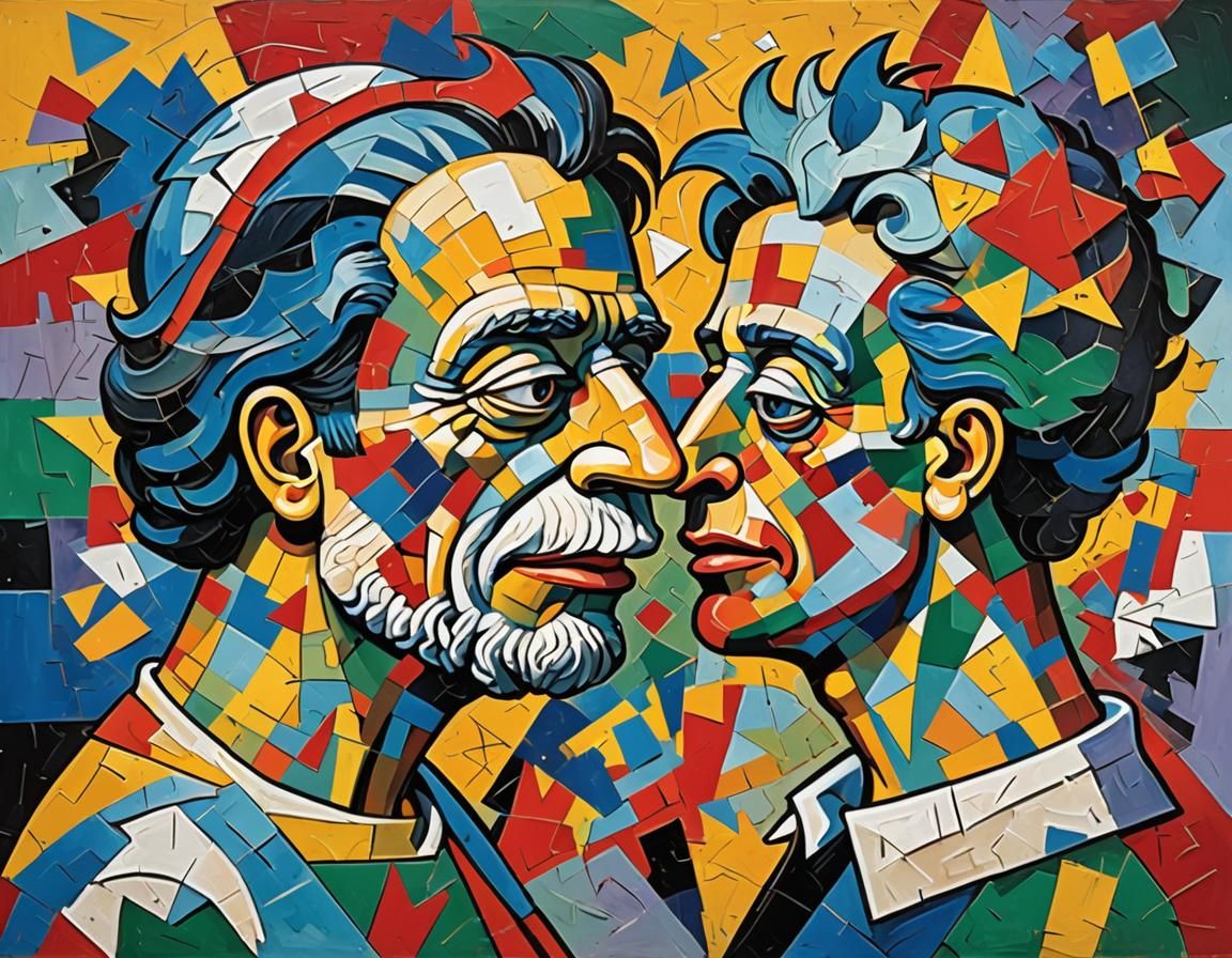 Homer and Marge Simpson Kissing in Cubism Style