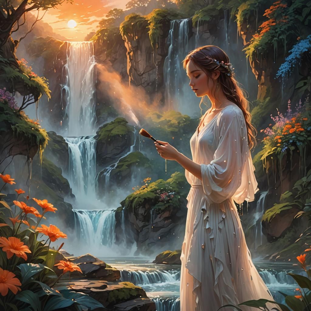 Girl Painting a Sunset Waterfall, Fantasy Art