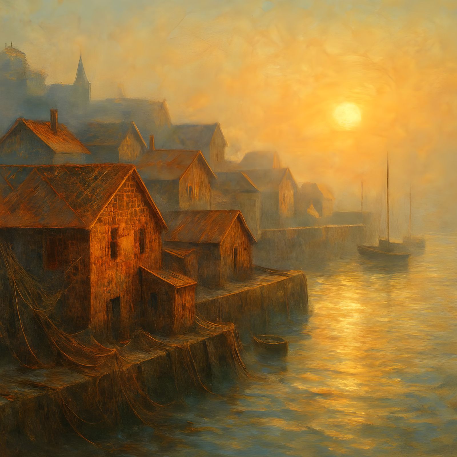Picturesque Fishing Village At Sunrise As Oil Painting