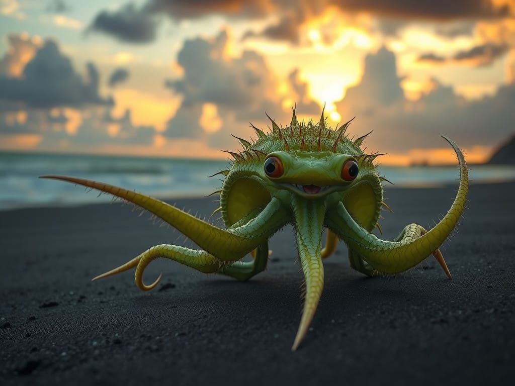 Ethereal Alien Emerges from Stormy Beach in Hyperdetailed Cy...