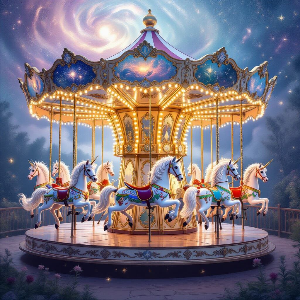 Enchanting Celestial Music Box Carousel Beneath Nebula Sky