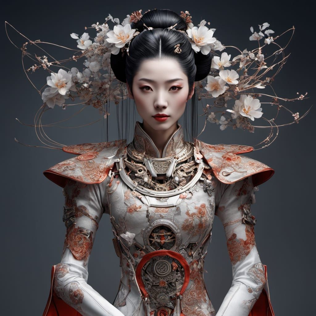 Elegant Cyborg Geisha with Delicate Floral Etchings