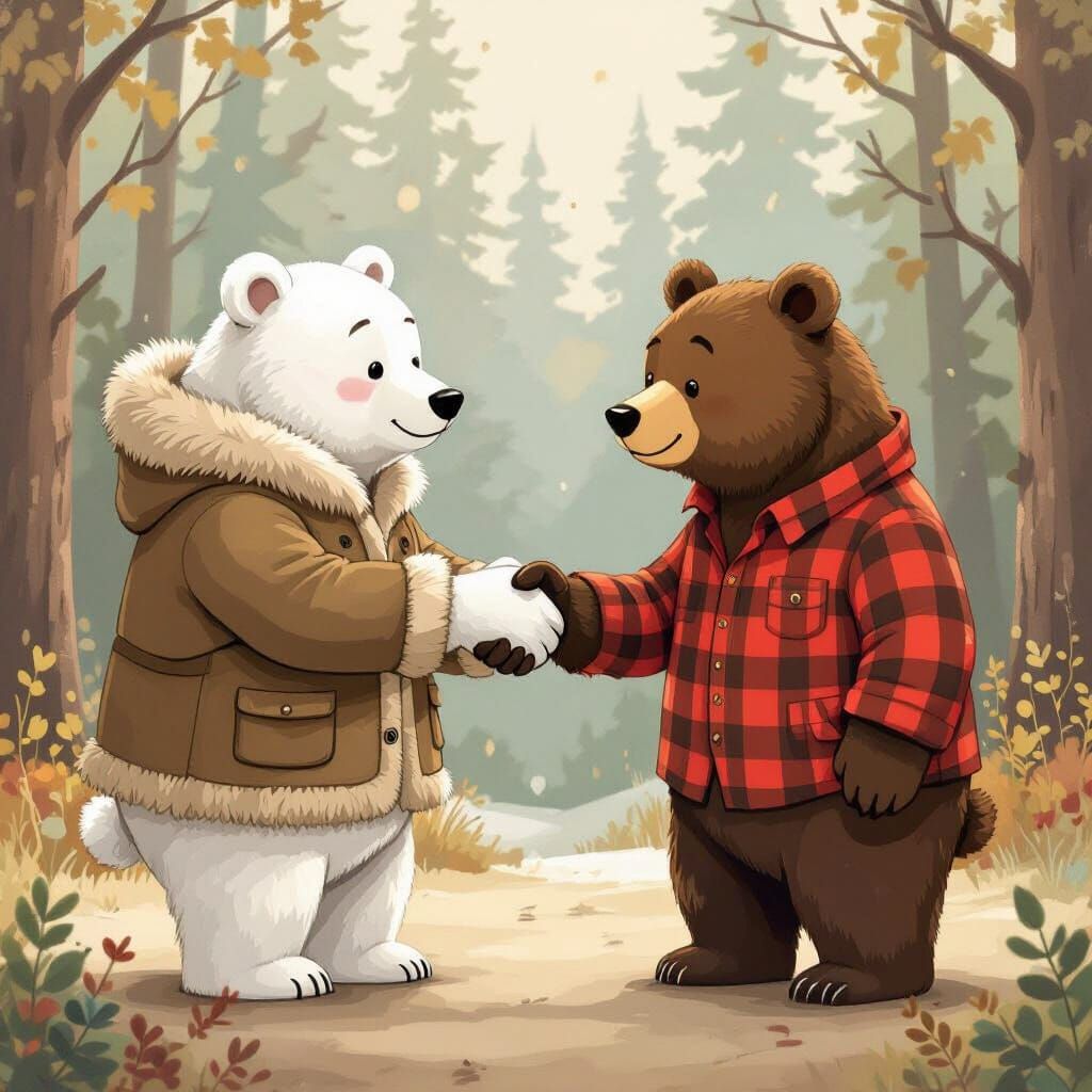 Polar Bear Greets Grizzly Bear in Forest, Warm Earthy Tones