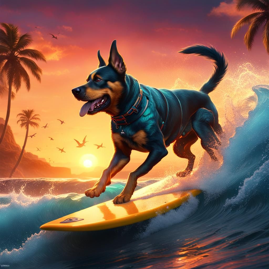 Surfing Dog at Sunset: Fantasy Concept Art