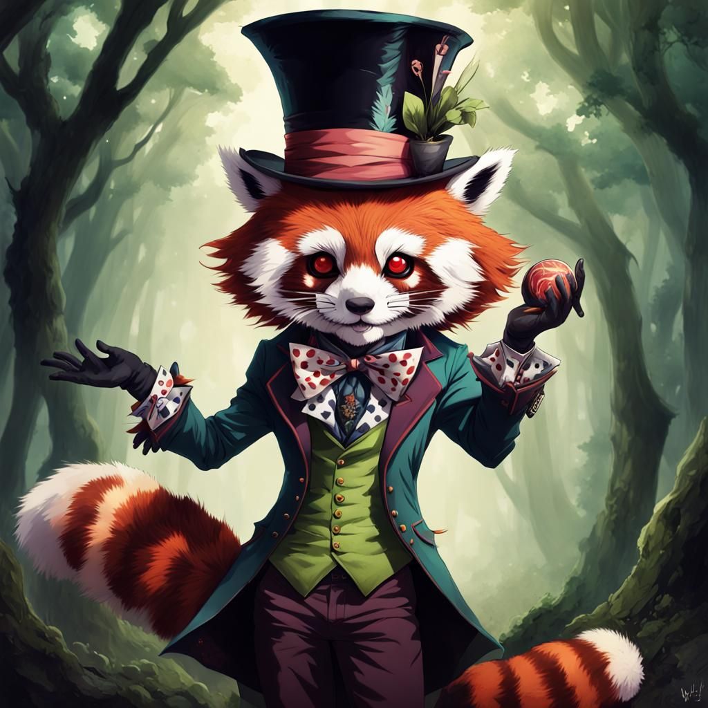 Red Panda Mad Hatter in Anime Style