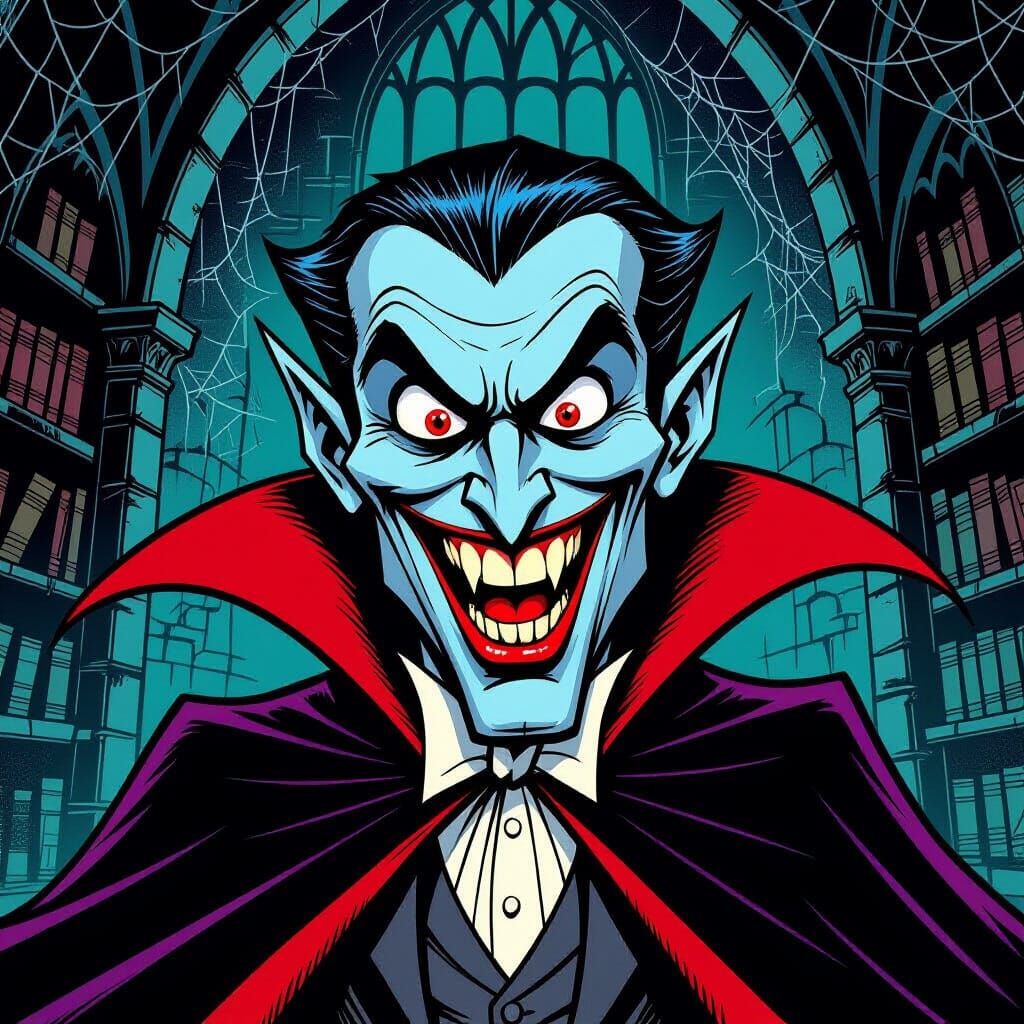 Eerie Vampire Caricature in Gothic Castle