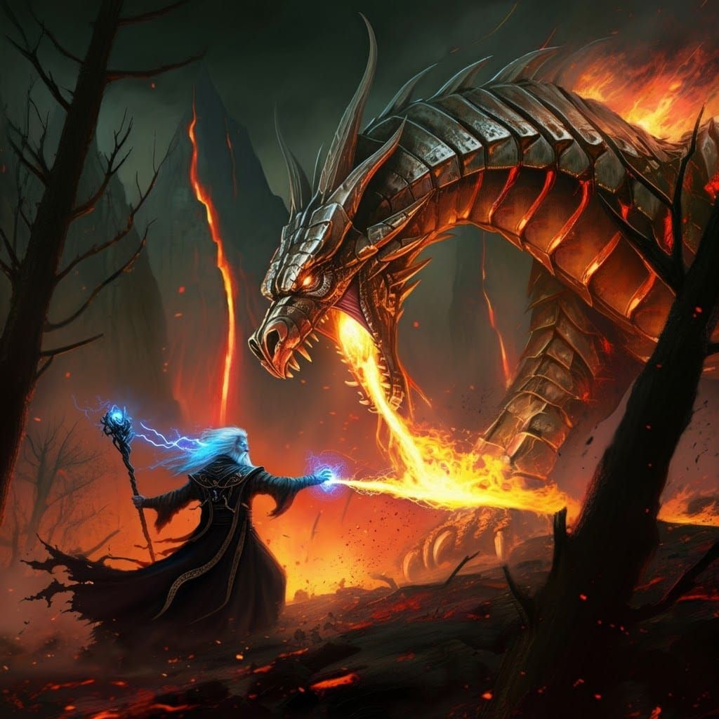 Epic Mage Dragon Battle in Mystical Landscape
