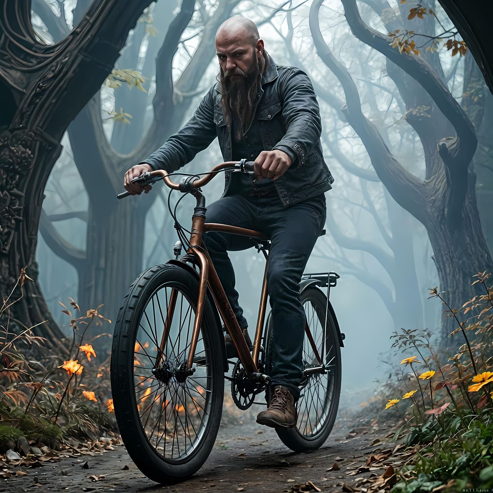Man Rides Old Bicycle: Detailed Matte Painting
