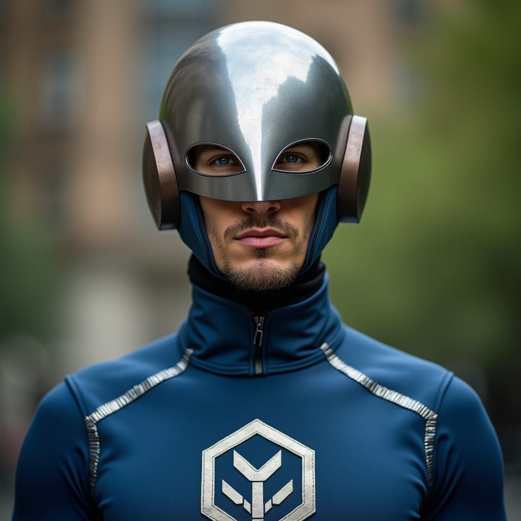Cyberpunk Superhero in Metal Mask and Torpedo Suit