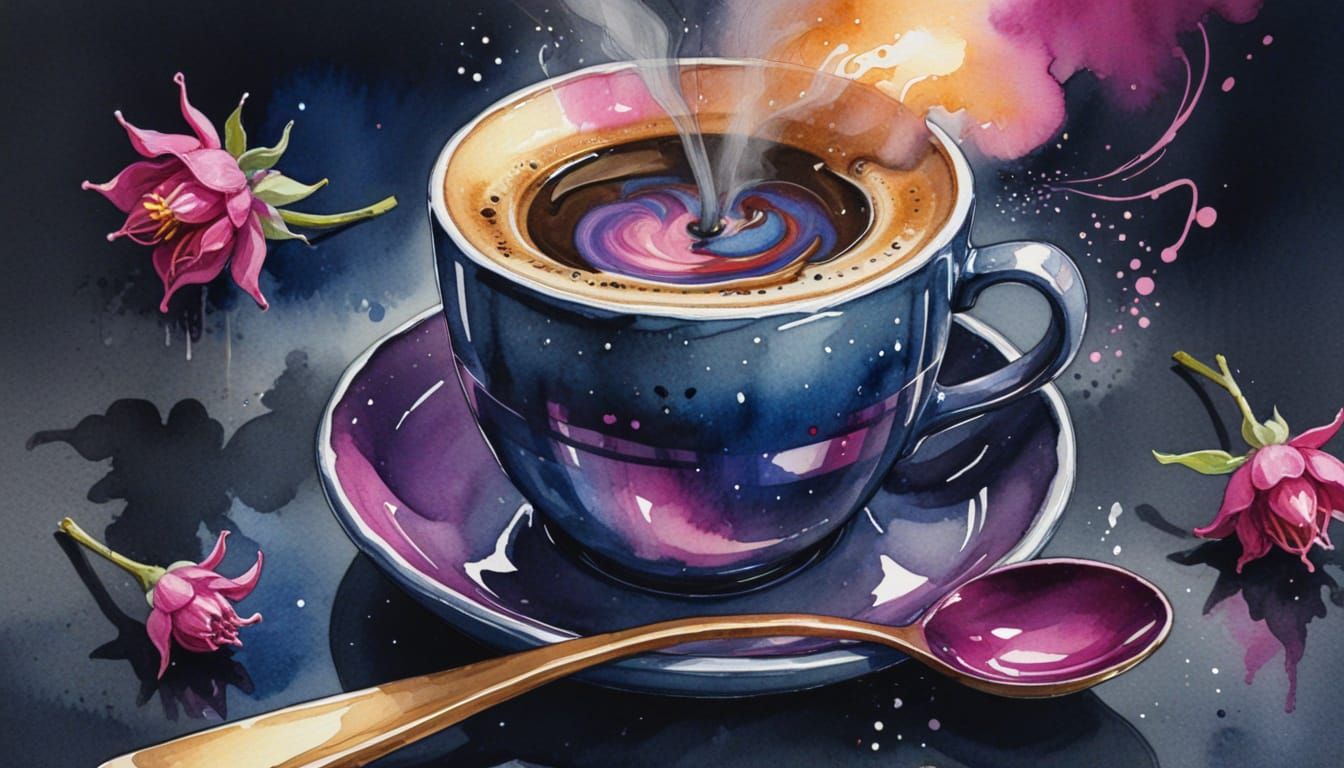 Surreal Espresso Scene in Holographic Cup with Fuchsia and I...