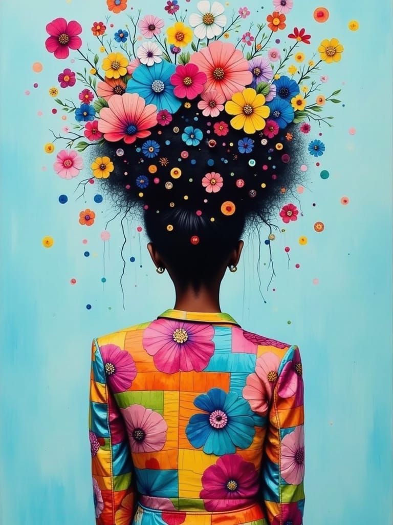 " <lora:Surreal in time:1.0> a vibrant and abstract portrait of a black woman, viewed from behind. Her head is adorned w...