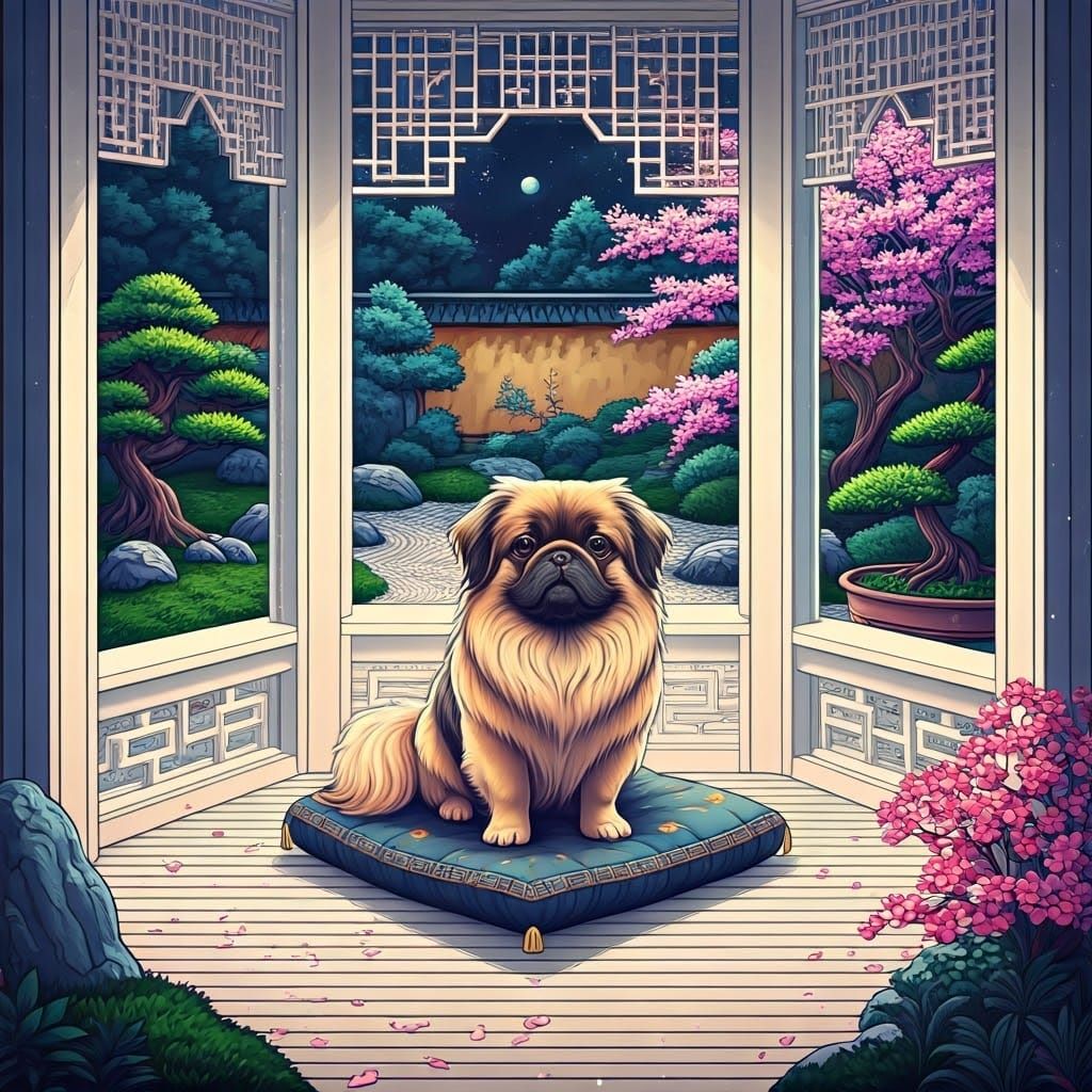 Serene Pekinese in Traditional Japanese Zen Garden