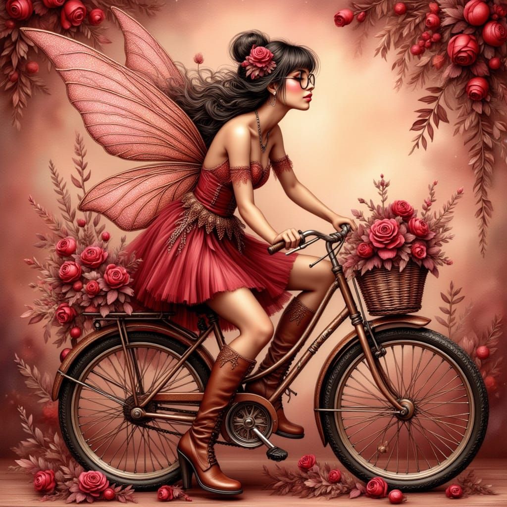 Glamorous Glitter Fairy Rides Bicycle Through Fields of Rose...