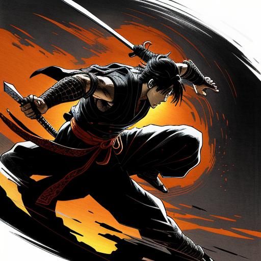Ninja Leaping in Sunset: Dynamic Manga Action