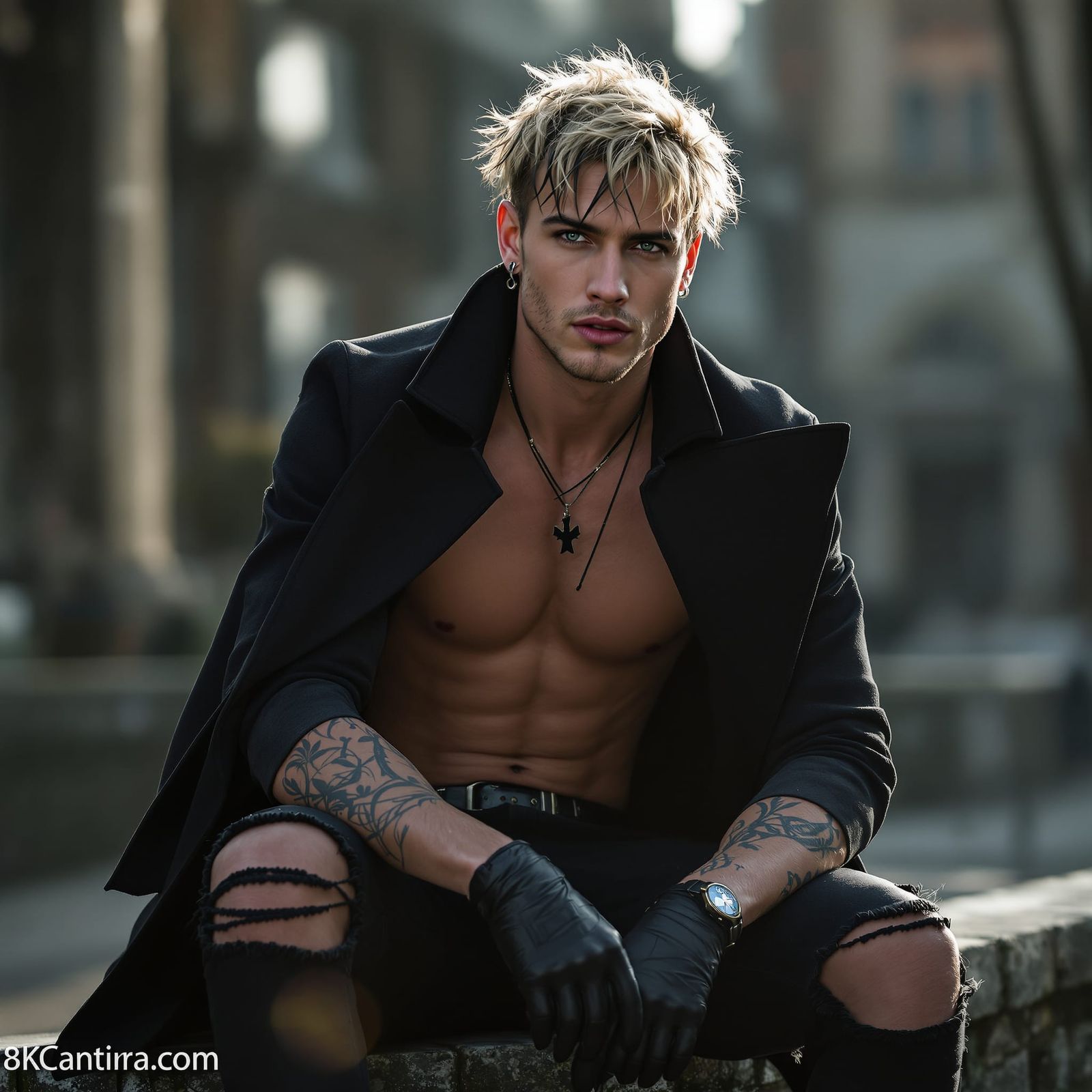 Photorealistic Man in Black Overcoat on Stone Wall