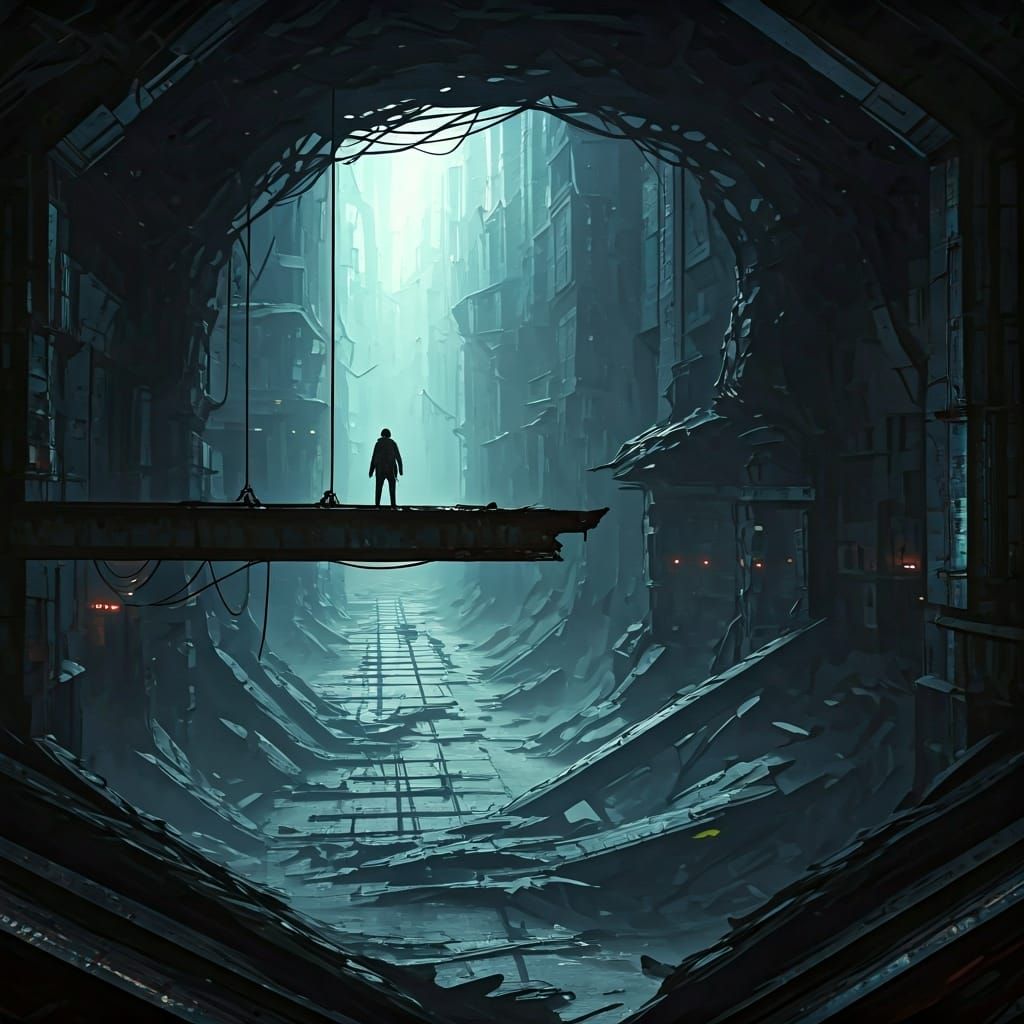 Wasteland Wanderer in Collapsed Industrial Cavern