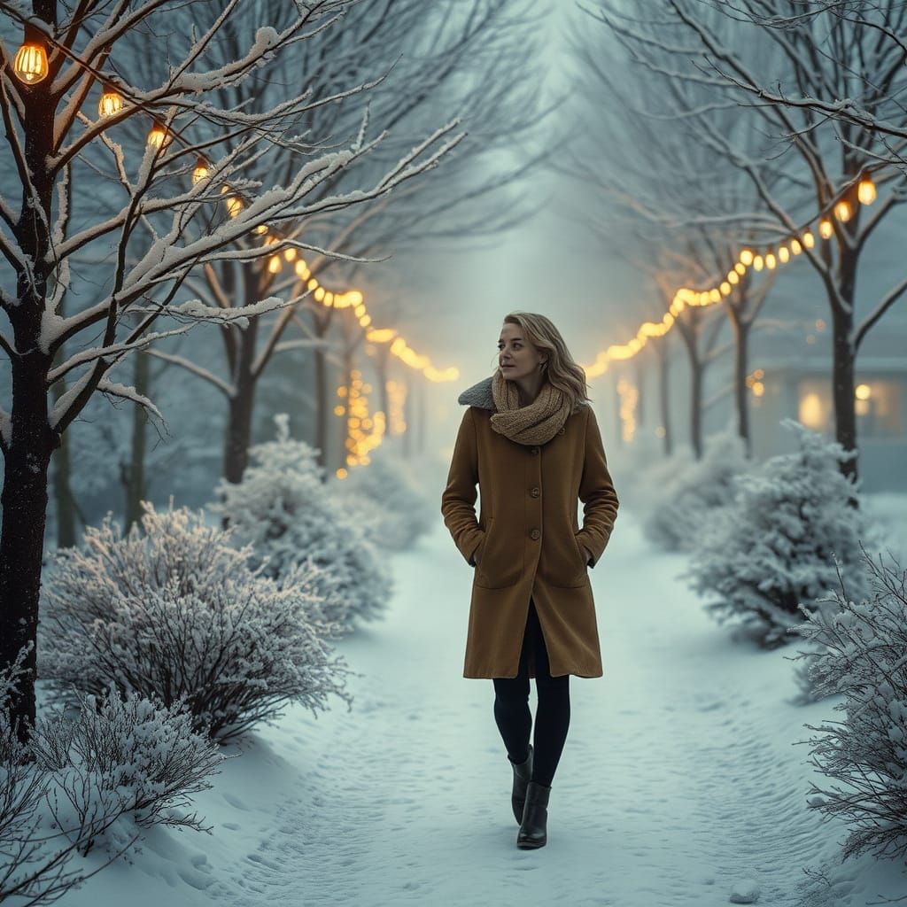 Serene Woman Strolls Through Frosty Winter Wonderland
