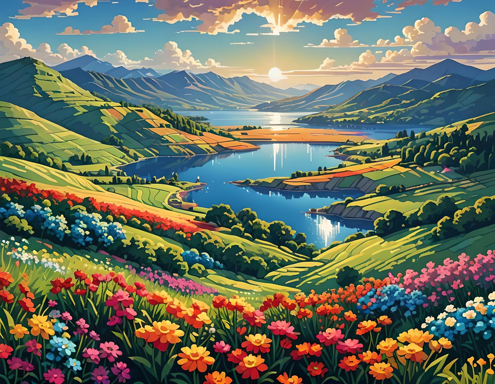 Vibrant Pixel Art Fantasy Landscape with Blue Lake