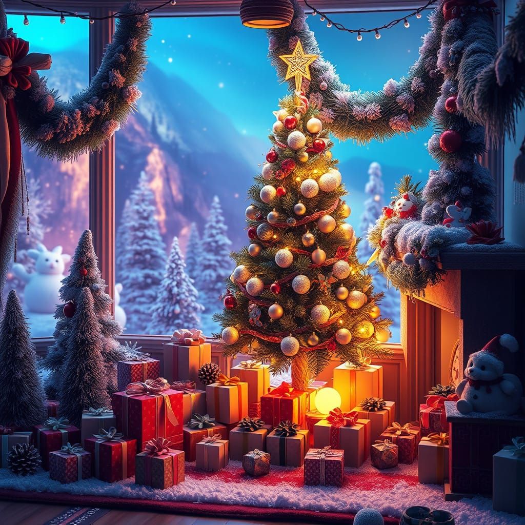 Whimsical Futuristic Christmas Scene in Vibrant Colors