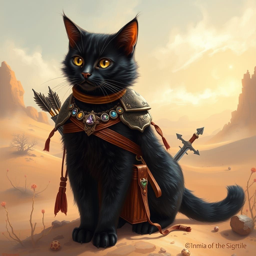 Mystical Desert Cat in Silk Armor, Whiskered Warrior