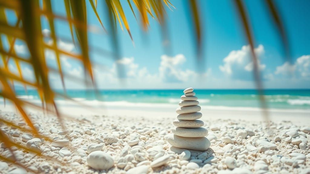 Surreal Beach Oasis with Cinematic Film Grain