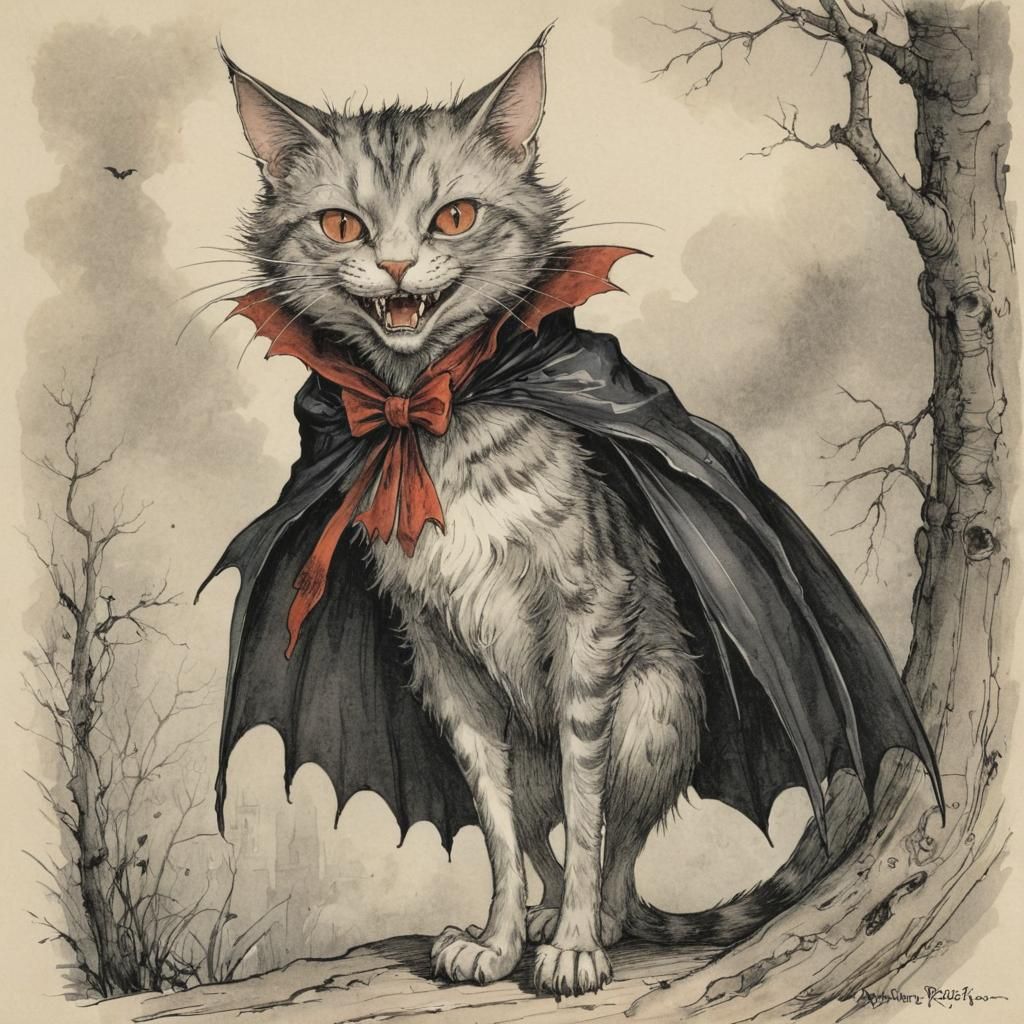 Vampire Cat: A Whimsical Arthur Rackham-esque Illustration