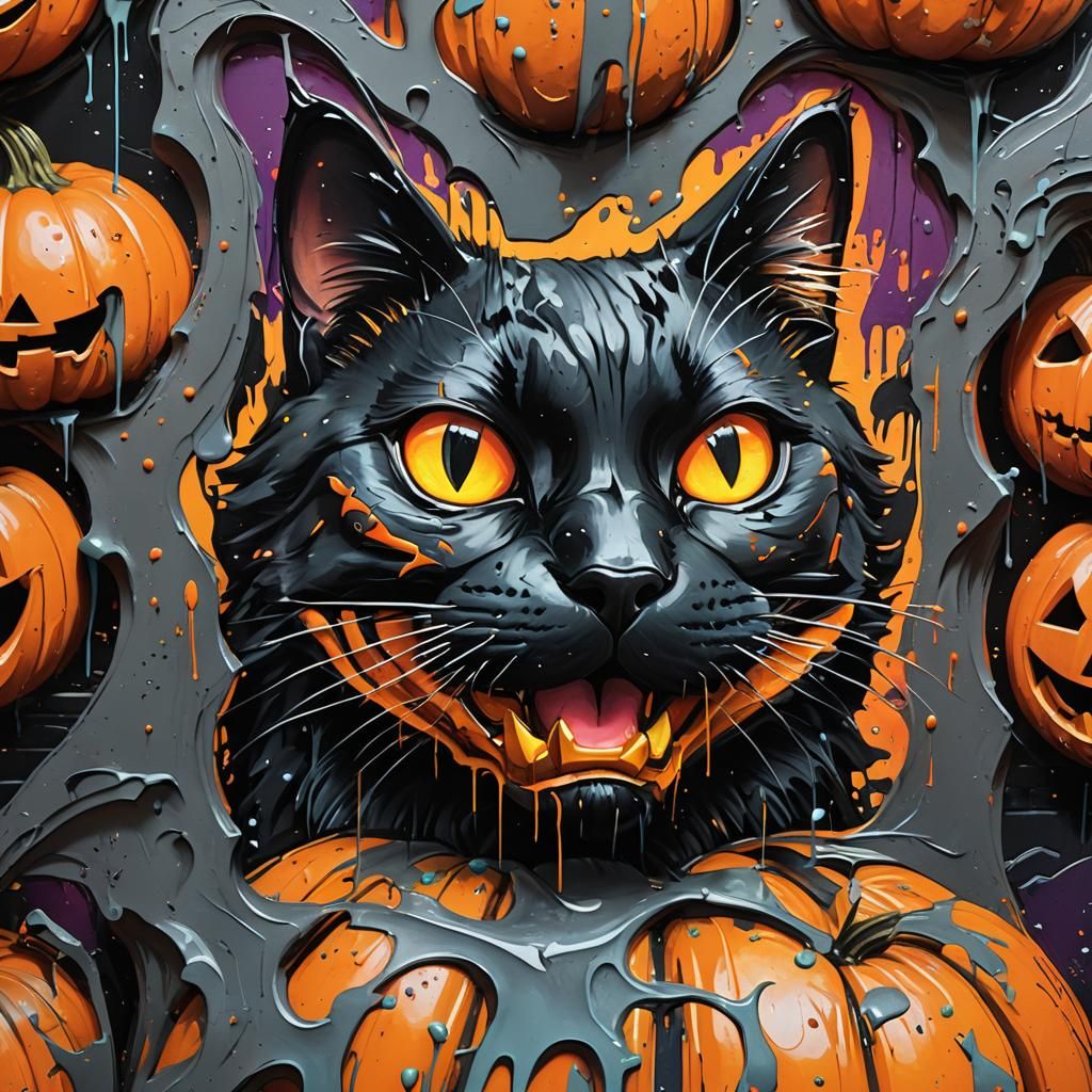 Black Cat Halloween Graffiti Splash Art