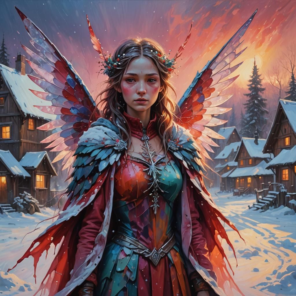 Bleeding Fairy Protected in Snowy Village: Oil Painting