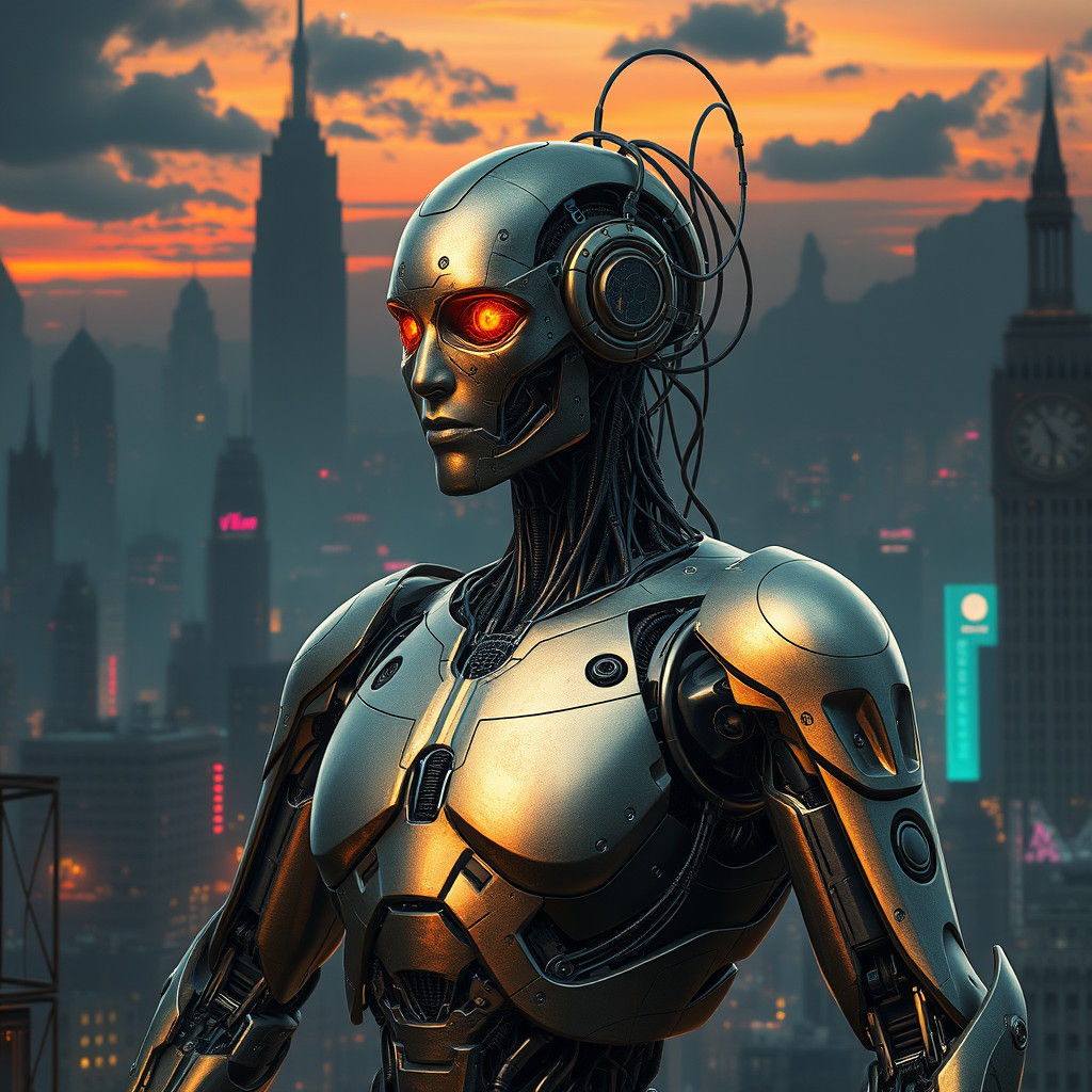Cyborg in Cyberpunk Cityscape Digital Art