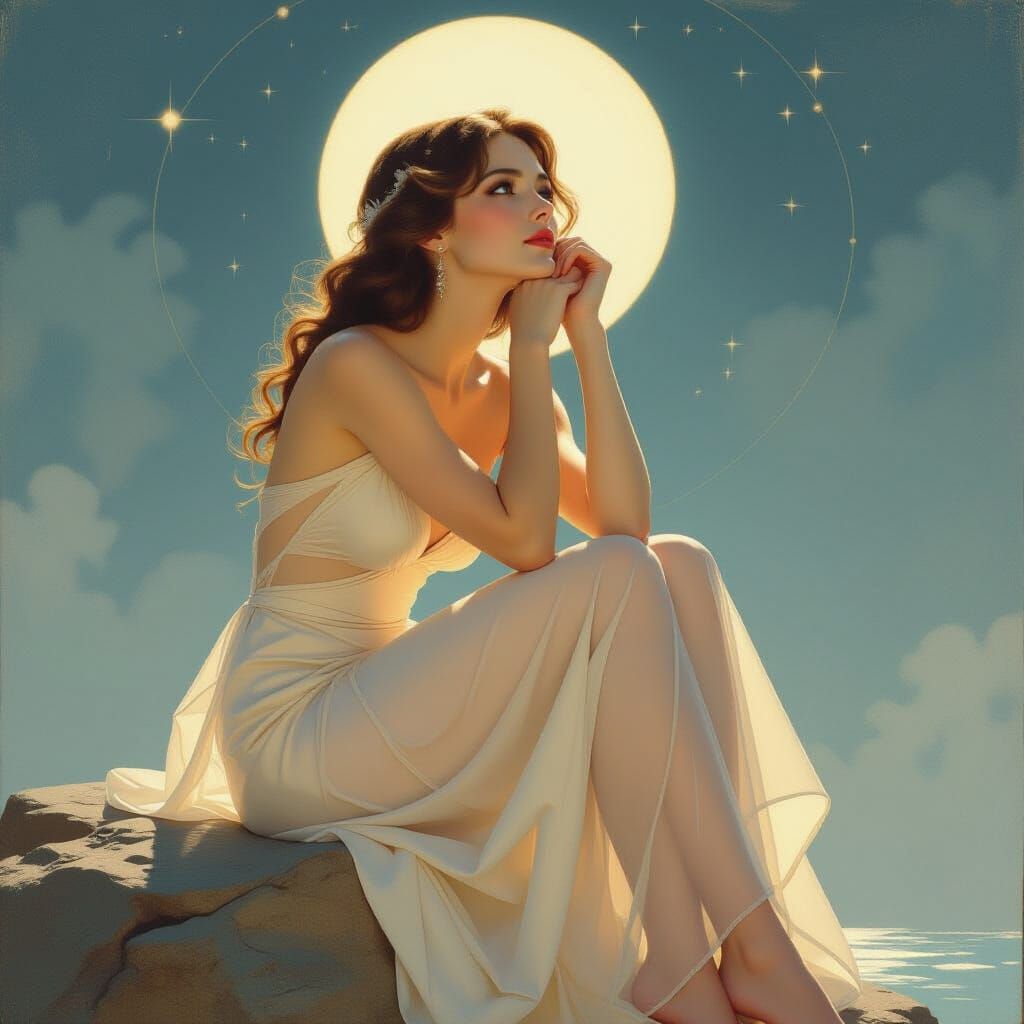 Contemplative Woman in Cosmos: A Realistic Painting