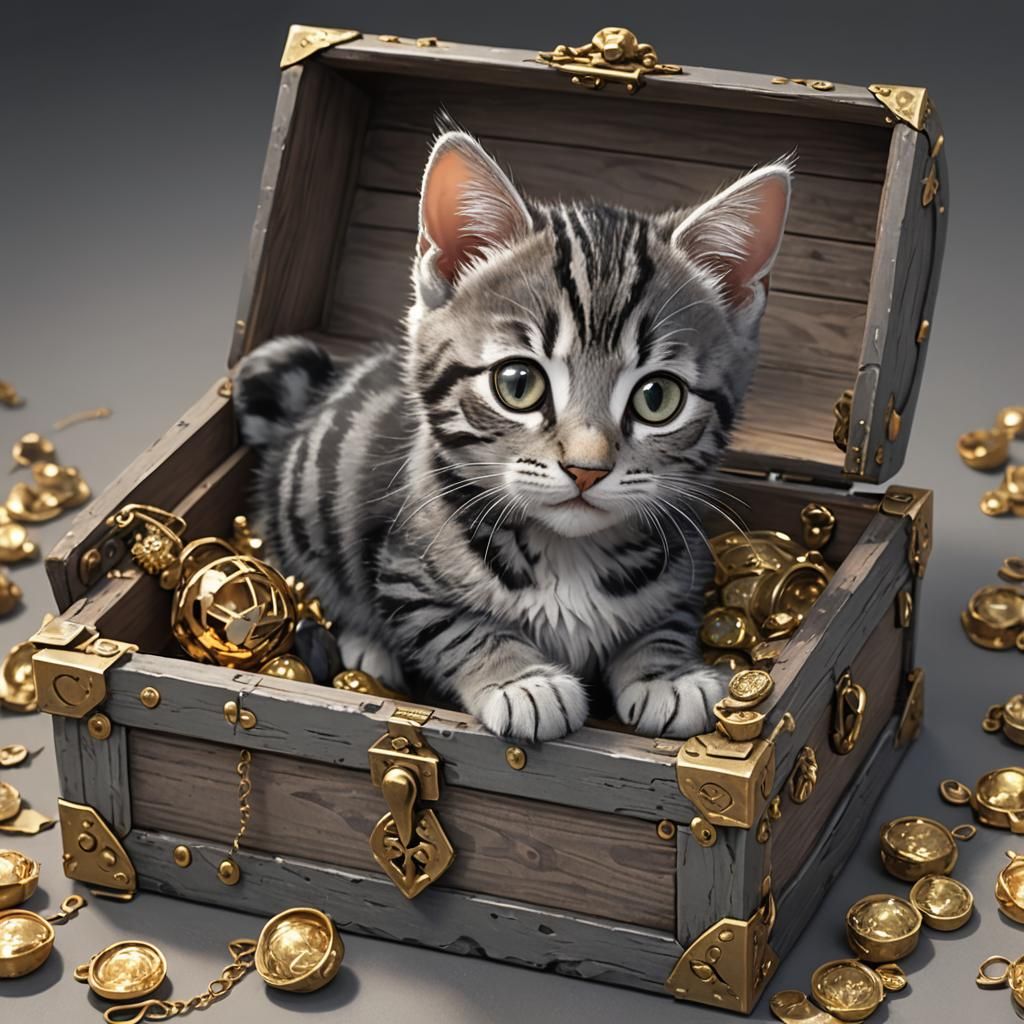 Gray Tabby in Exquisite Treasure Box - 3D Anime Art