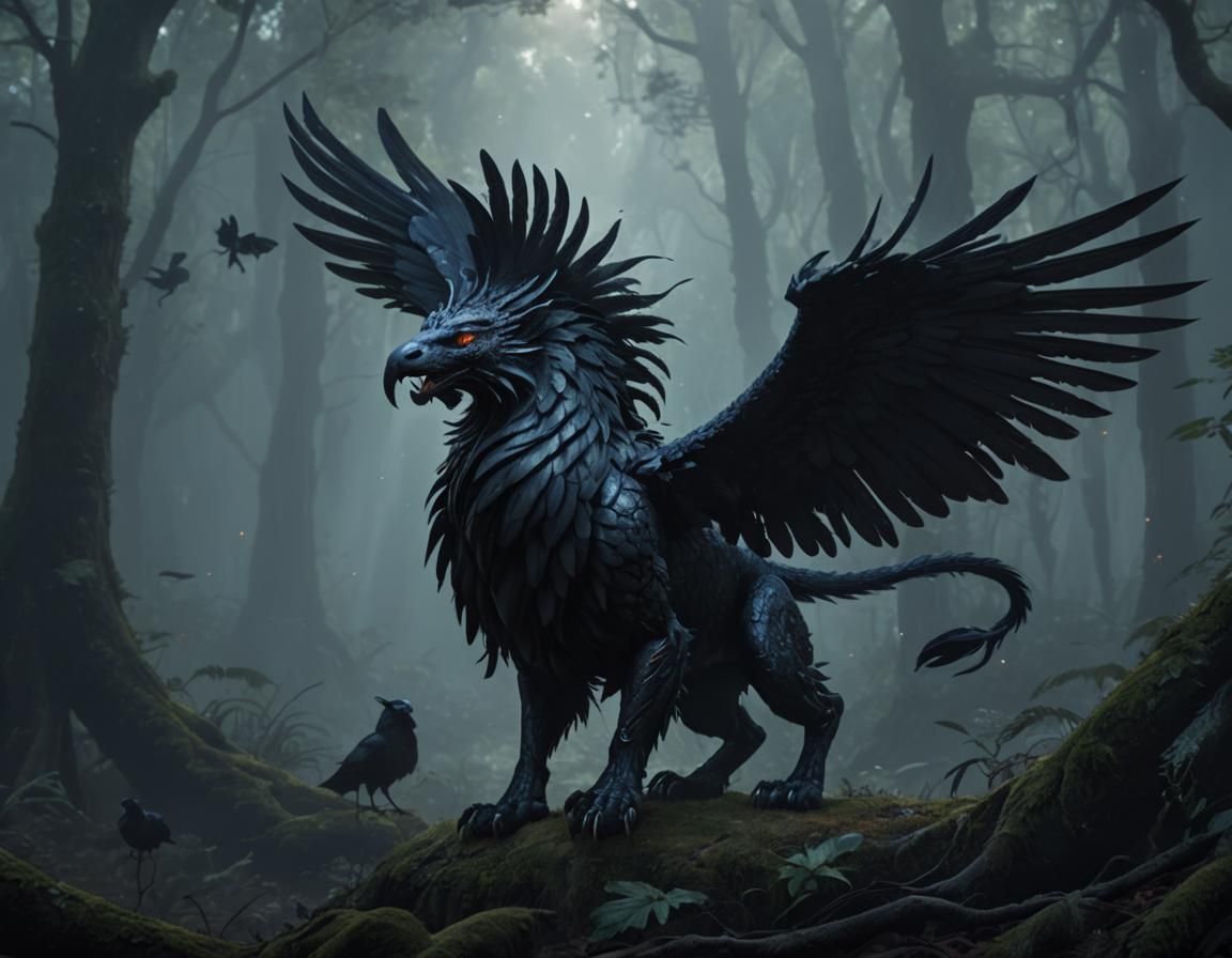 Dark gryphon - a black lion-raven hybrid