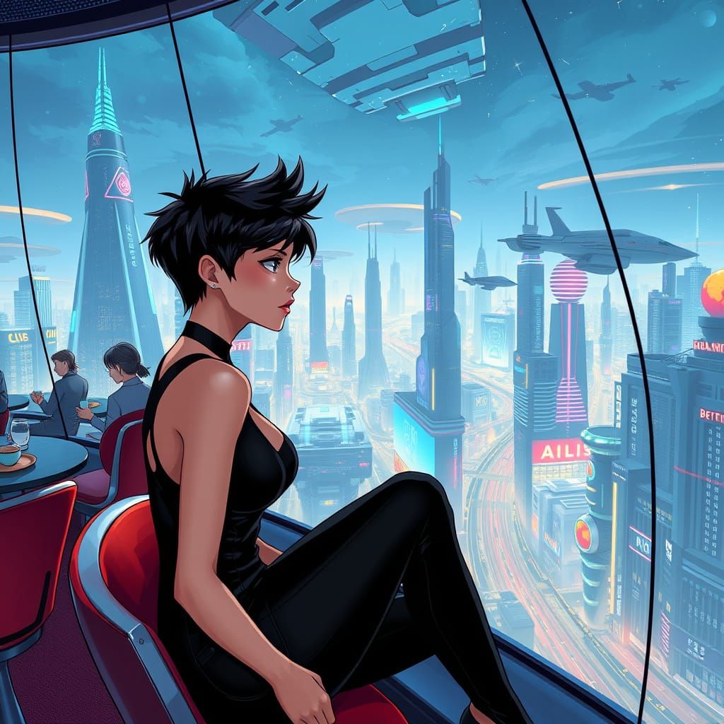 A Young Woman Sits in a Futuristic Floating Cafe Above a Bus...