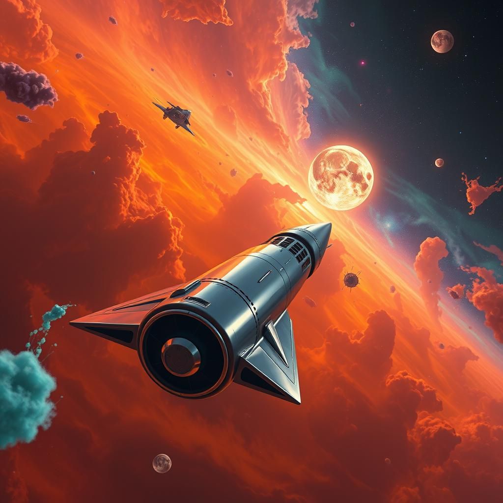 Chrome Rocket Soaring Through an Orange Nebula