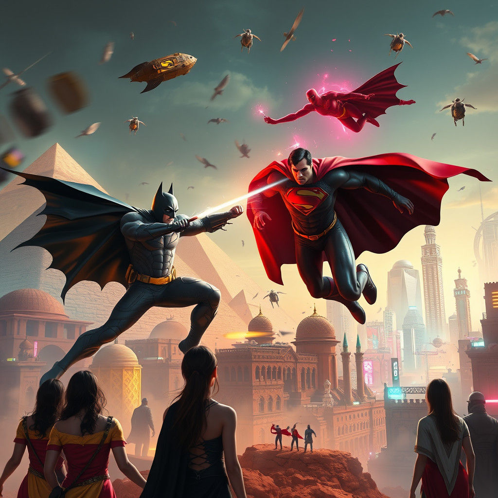 Cyberpunk Giza: Batman, Superman, and H-Man Clash