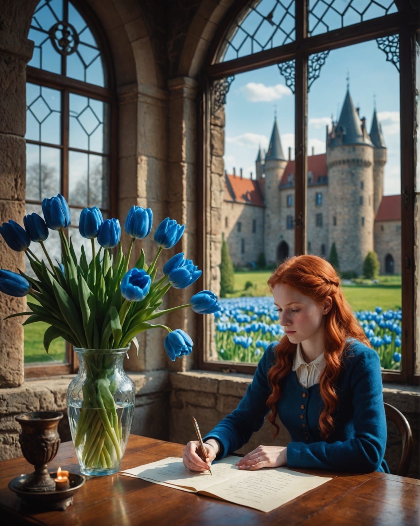 Red-Haired Girl Reading a Letter in Fantasy Illustration