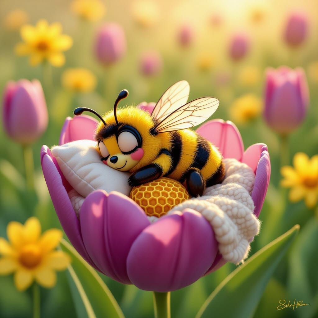 Cozy Bee Sleeping on Tulip, Cartoon Realism