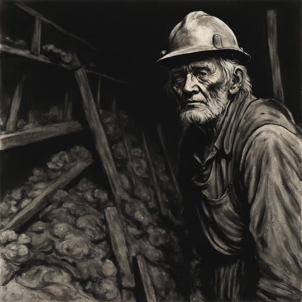 Aged Coal Miner Embracing the Earth in Käthe Kollwitz Style...