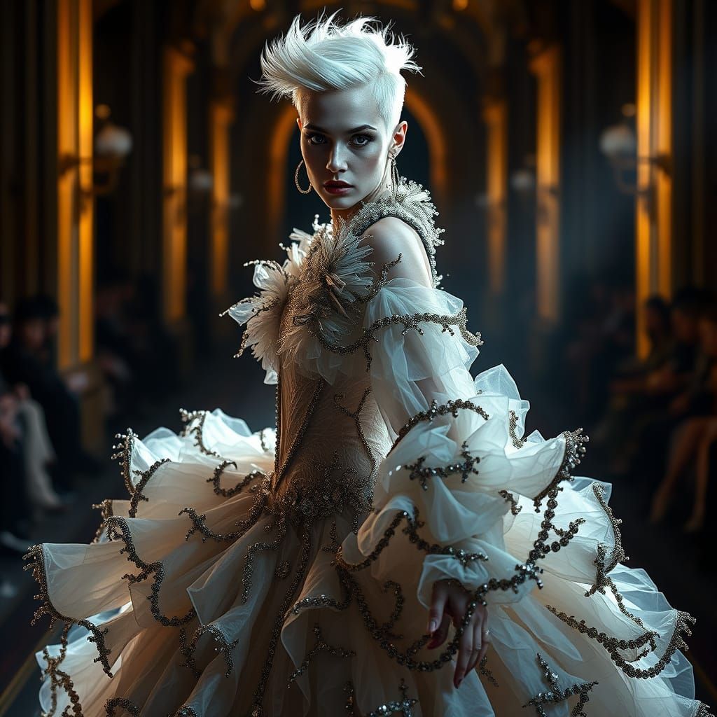 Avant-Garde Haute Couture Model Struts Runway with Edgy Styl...