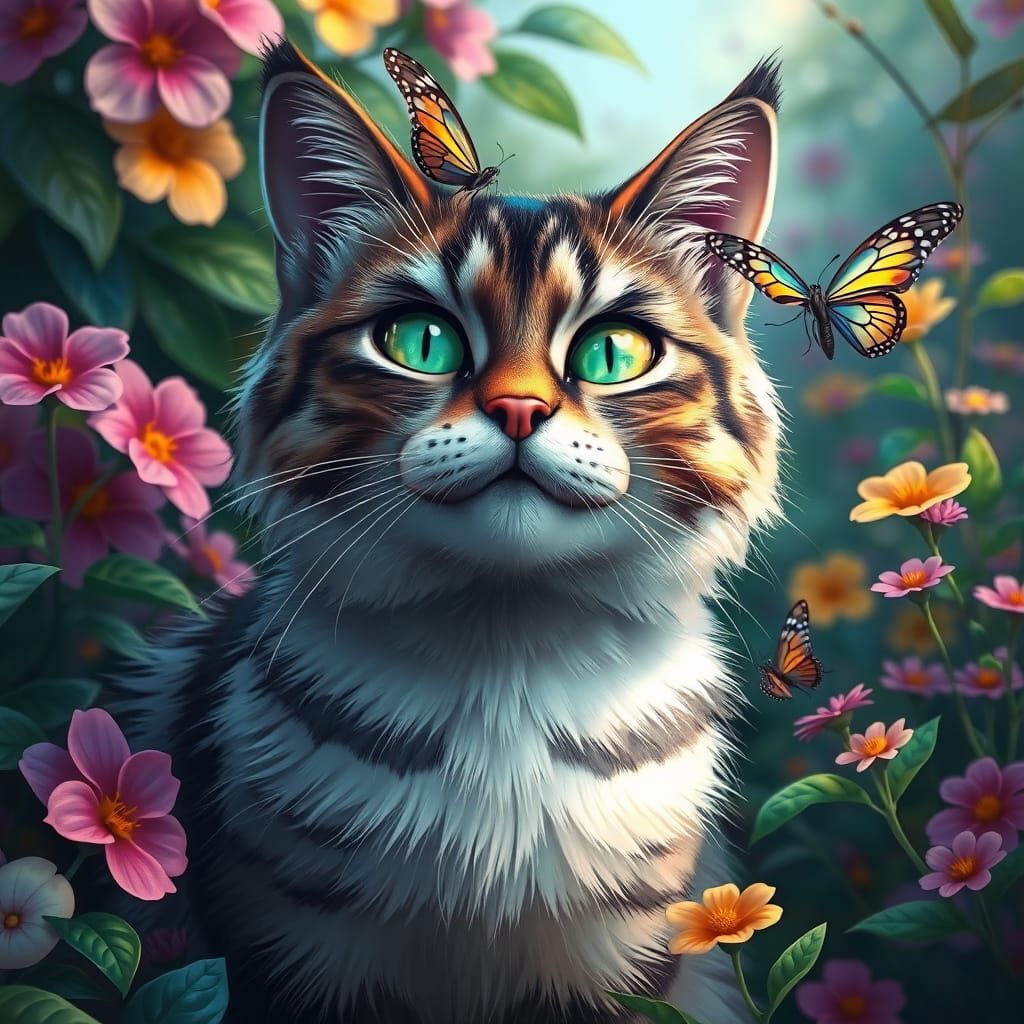 Whimsical Cat in Vibrant Garden Scene with Delicate Butterfl...