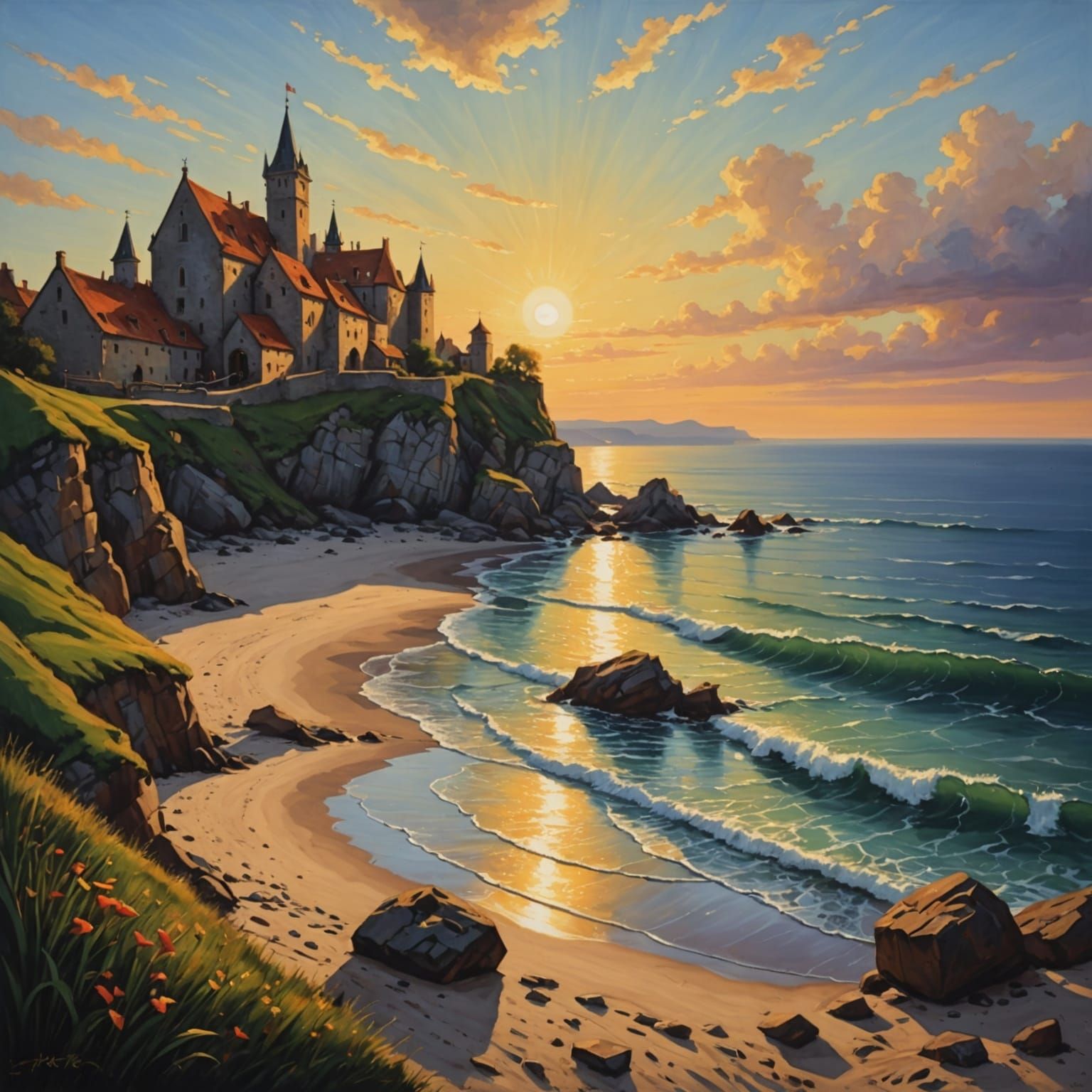 Medieval Seashore at Sunrise in Chiaroscuro Style