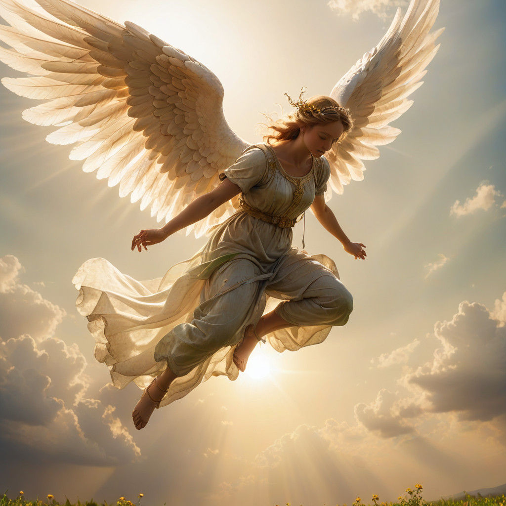 Ethereal Angel soars over a Vibrant Floral Meadow in Hyperre...