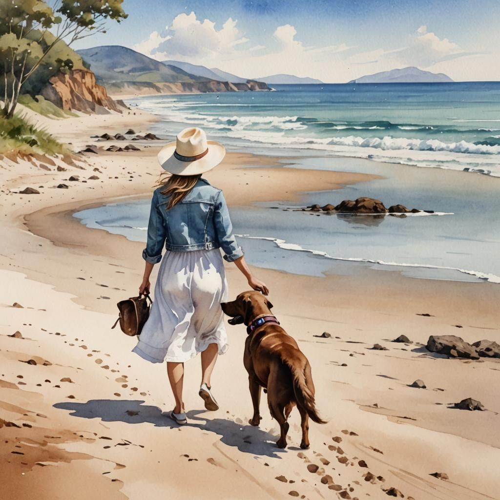Coastal Cowgirl with Labrador, Watercolor Digital Painting