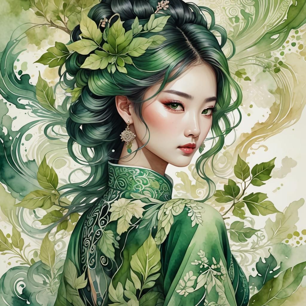 Chinese Girl Portrait in Watercolor Style