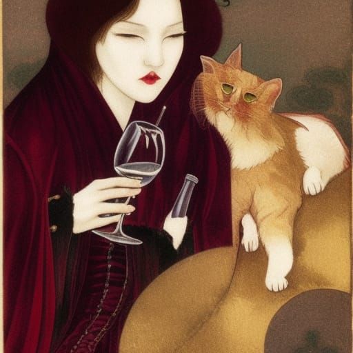 Vampire Lord with Kittens in Pre-Raphaelite Style