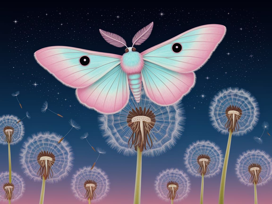 Pastel Moth on Dandelion Clock in Starry Night