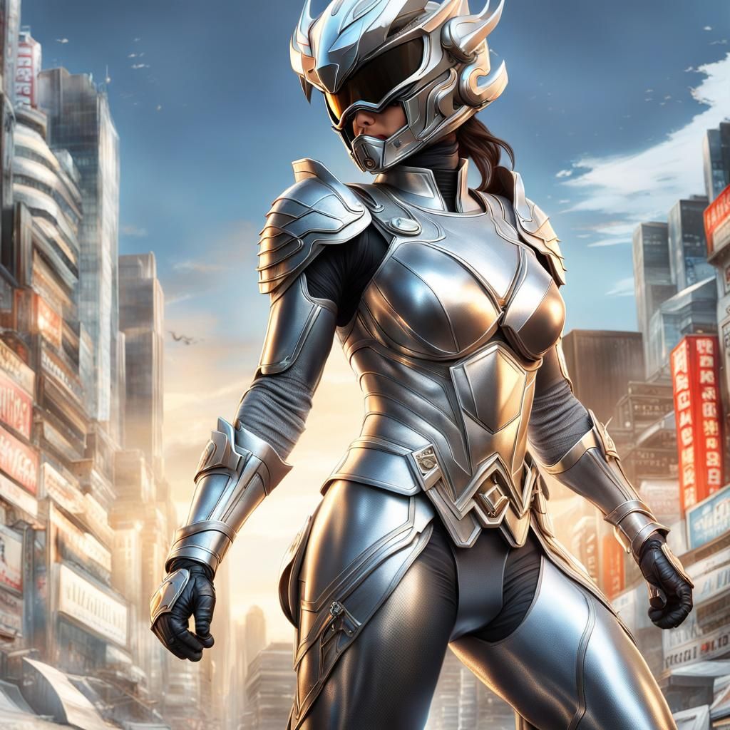 Silver Armored Super-Sentai Guardian in Comic Book Art