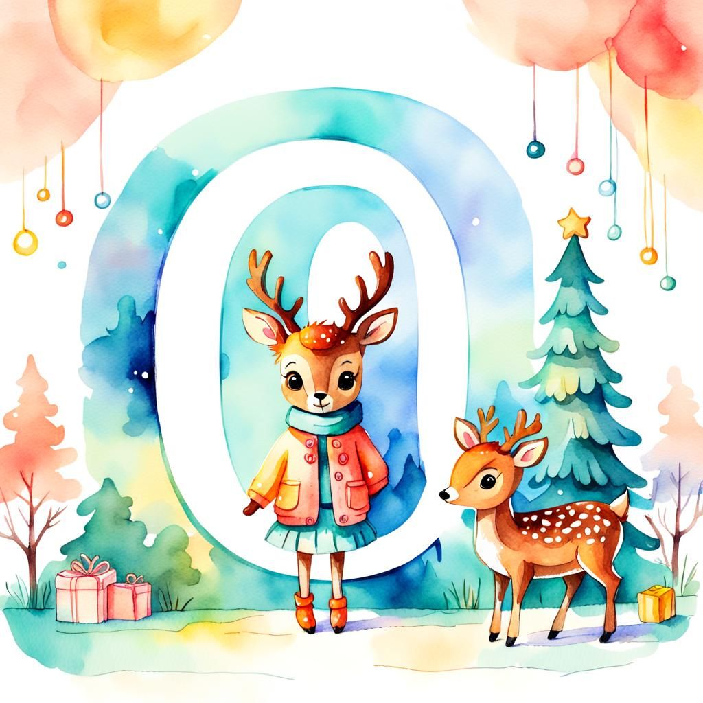 Whimsical Watercolor of O and Deer in Cartoon Style