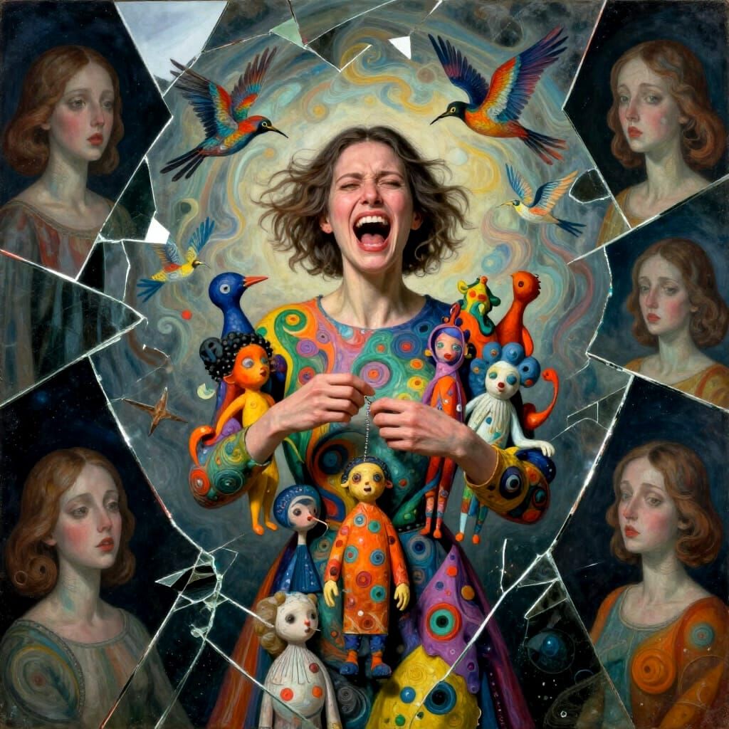 Woman Screaming Amidst Shattered Mirrors and Space