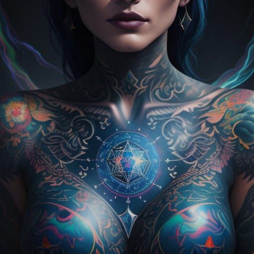 Surreal Tattooed Woman with Rainbows and Stars